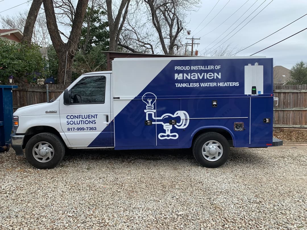 Confluent Solutions service van featuring Navien tankless water heater installation branding.