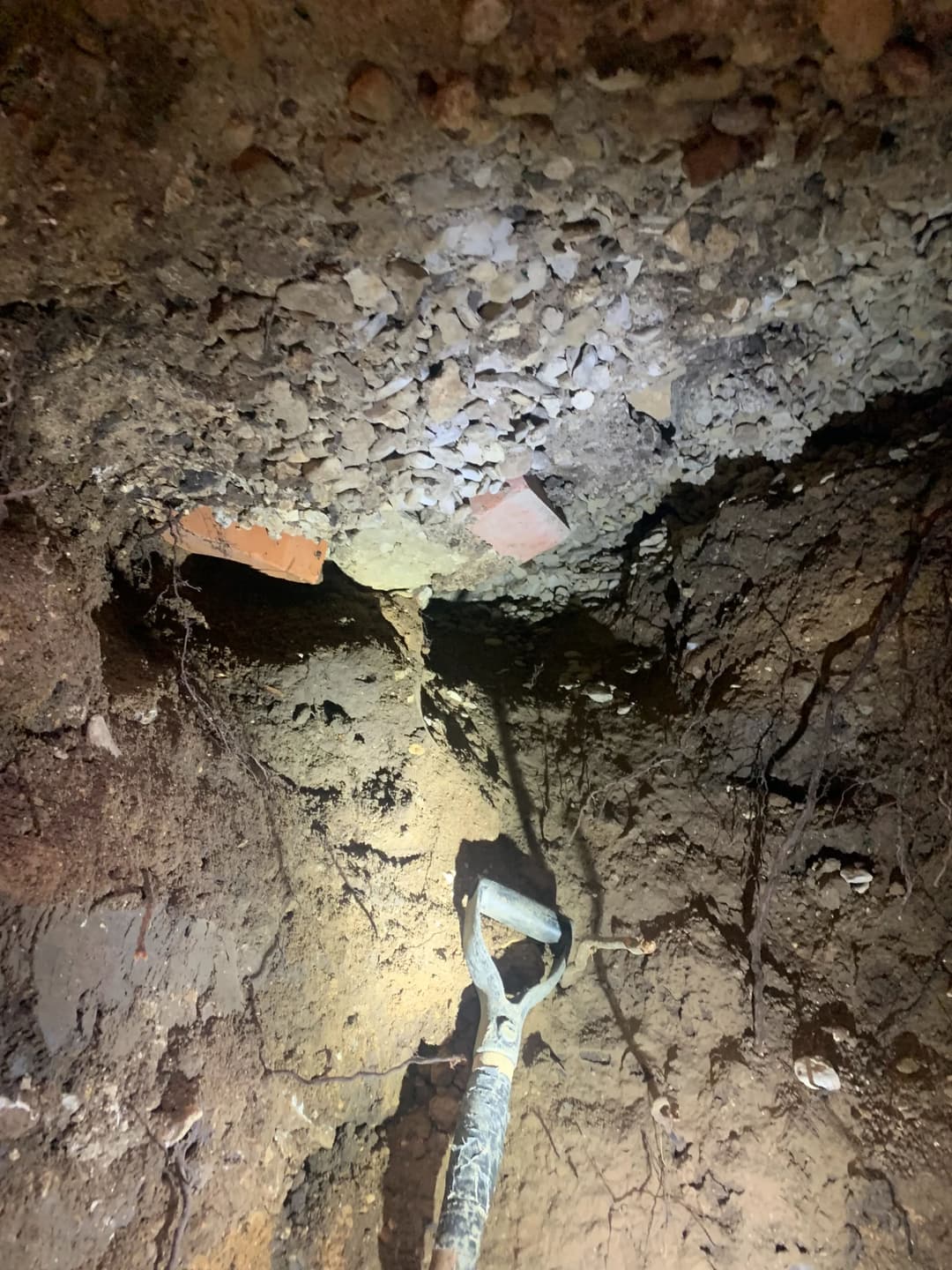 Excavation scene with a shovel and exposed soil, revealing bricks and roots underground.