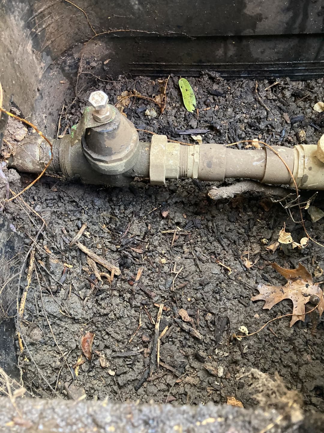 Close-up of a muddy irrigation valve surrounded by dirt and fallen leaves.